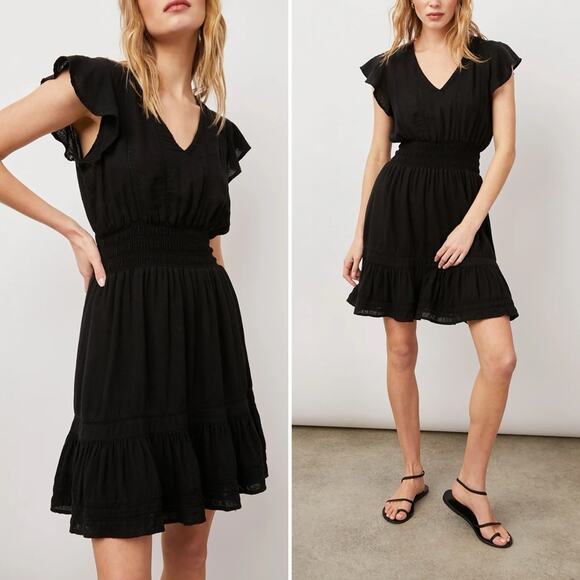 Rails Tara‎ Black Lace Detail Linen Blend Ruffle Smocked Dress Size XS - Picture 1 of 13